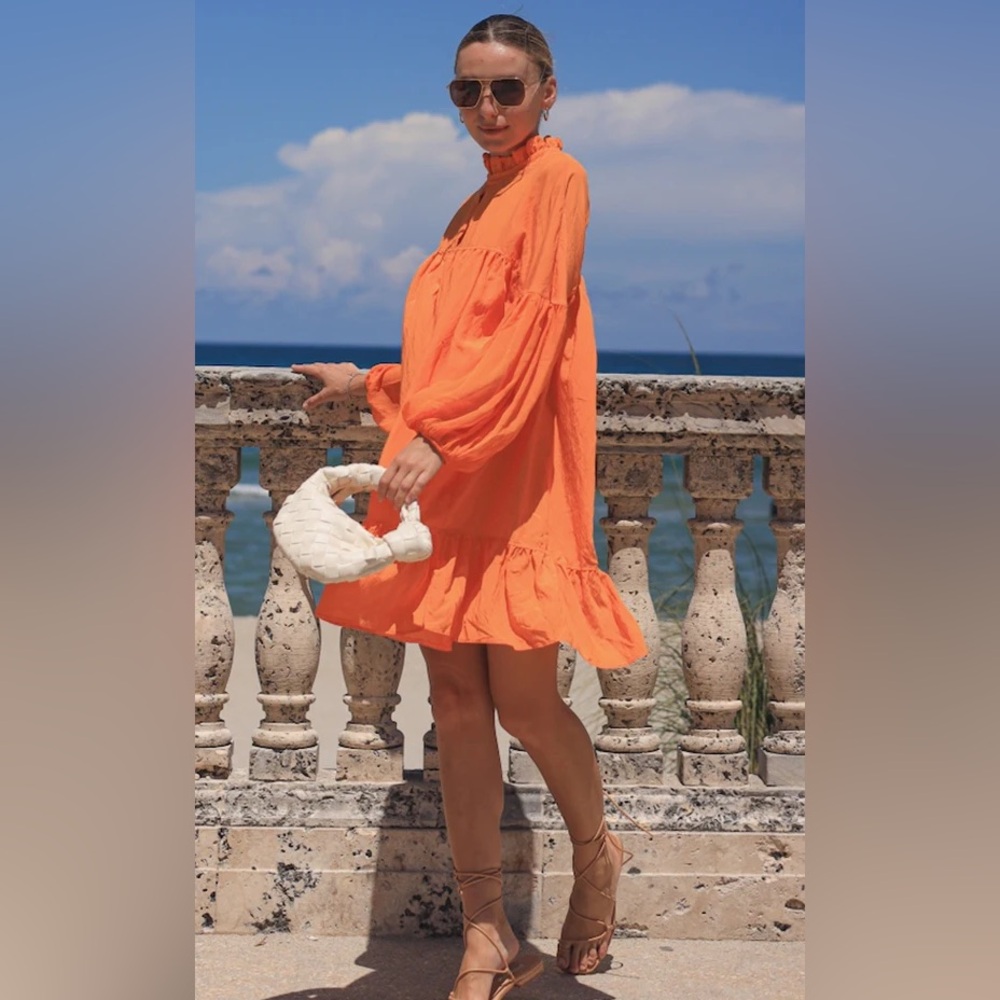 Sharon Fonseca Alexa Mini Dress Womens Size‎ S  Orange Ruffle Neck Summer